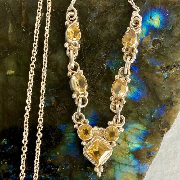 Sterling Silver 925 Multi Gemstone Citrine Collar V Necklace Cable Chain 17" - Picture 14 of 16